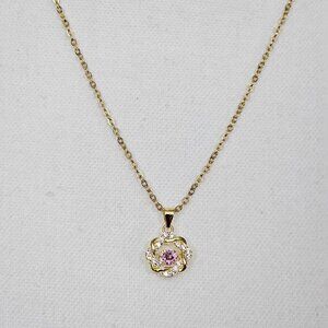 Simulated Pink Diamond Gold Tone New 14K Over Sterling Silver Pendant Necklace